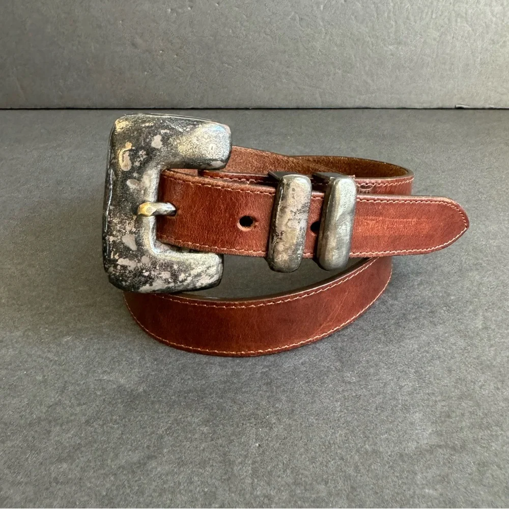 Y2K Brown Leather Belt‎ Eddie Bauer Tarnished Silver Tone Buckle Womens Medium